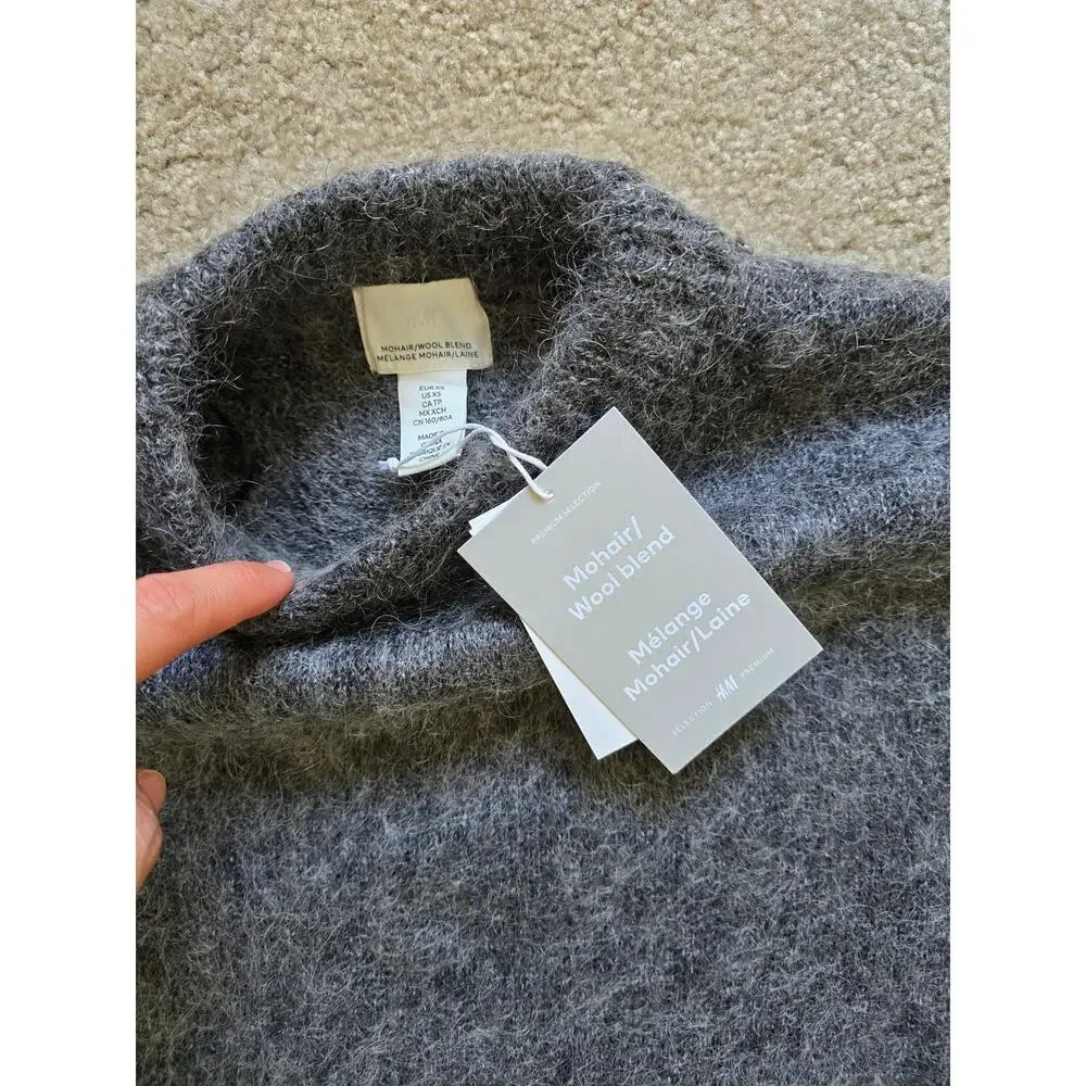 NWT H&M Premium Oversized Mohair Wool Blend Sweater Dark Gray Melange‎ Size XS